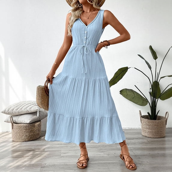 Women's Sleeveless V Neck Textured Tiered Maxi Dress Self Tie Waist Button Front Summer Flowy Long Dress