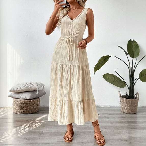 Women's Sleeveless V Neck Textured Tiered Maxi Dress Self Tie Waist Button Front Summer Flowy Long Dress