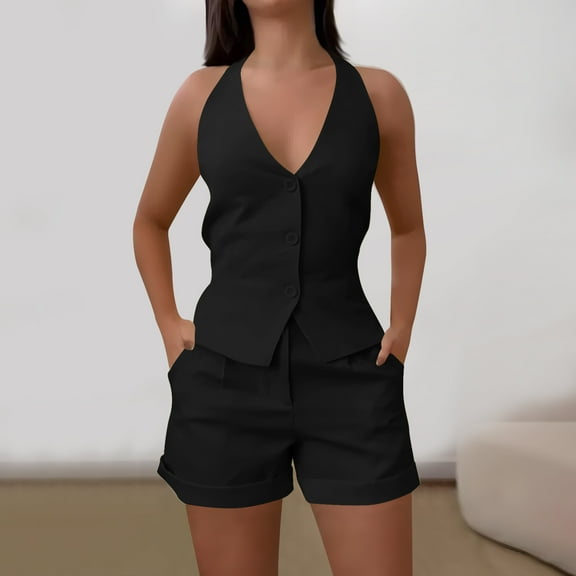Women's Sleeveless V-Neck Top and Shorts Set Casual Summer Outfit Soft Polyester Lounge Wear