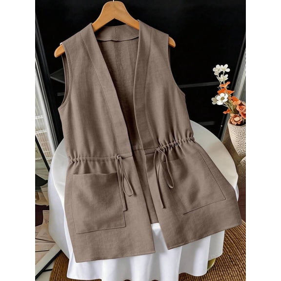 Women's Sleeveless V Neck Vest Jacket, Cinched Waist Button Front Casual Outerwear with Pockets