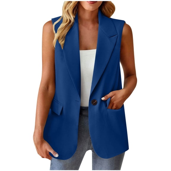 Women's Sleeveless Vest Blazers Breathable Open Front Trendy Work Tops with Pockets Lapel V Neck Button Jacket