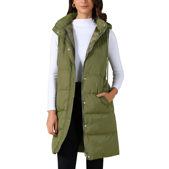 Women's Sleeveless Vest Casual Long Puffer Hooded Down Jacket S Green
