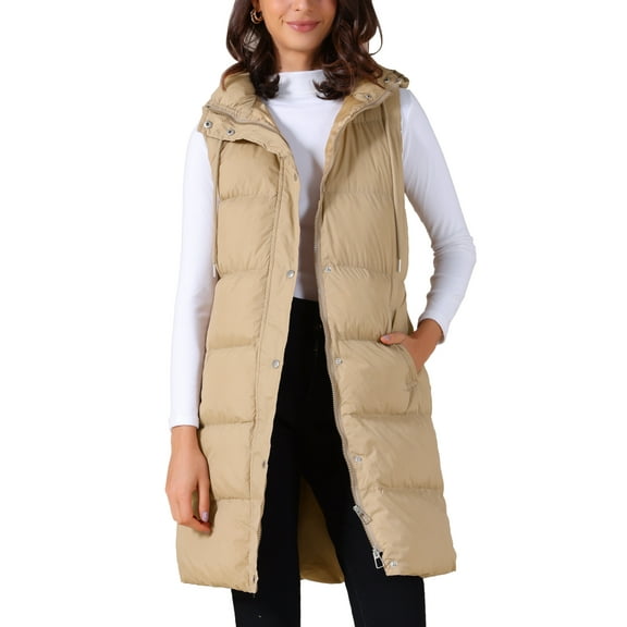 Women's Sleeveless Vest Casual Long Puffer Hooded Down Jacket XL Khaki
