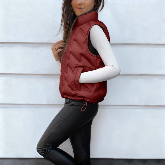 Women's Sleeveless Vest Jacket, Solid Color Cotton Zip Front Top, Casual Short Length Tank Style Outerwear, Lightweight Layering Piece, Comfortable Vest with Pocket Red L