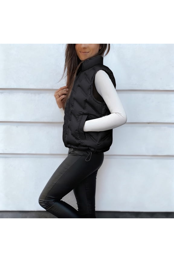Women's Sleeveless Vest Jacket, Solid Color Cotton Zip Front Top, Casual Short Length Tank Style Outerwear, Lightweight Layering Piece, Comfortable Vest with Pocket Black M