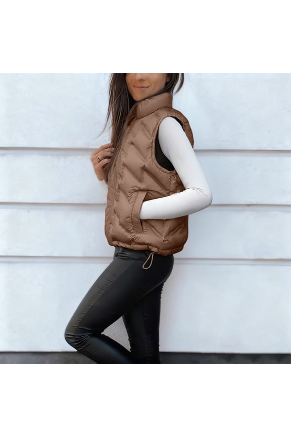 Women's Sleeveless Vest Jacket, Solid Color Cotton Zip Front Top, Casual Short Length Tank Style Outerwear, Lightweight Layering Piece, Comfortable Vest with Pocket Coffee M