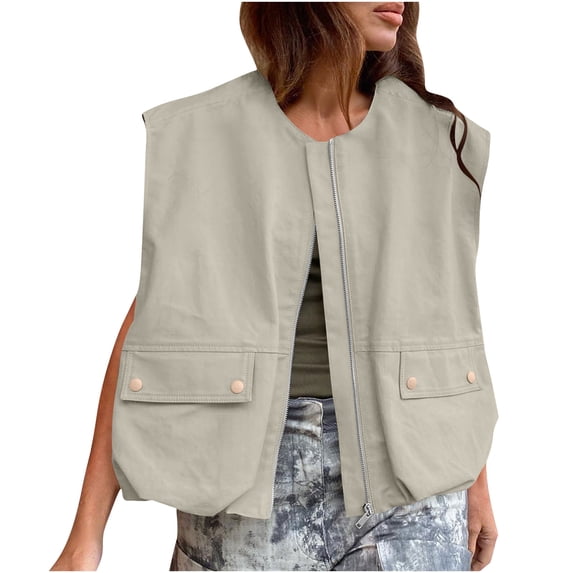 Women's Sleeveless Vest Jacket Zip Up Loose Fit Utility Cargo Pocket Coat Lightweight Casual Streetwear