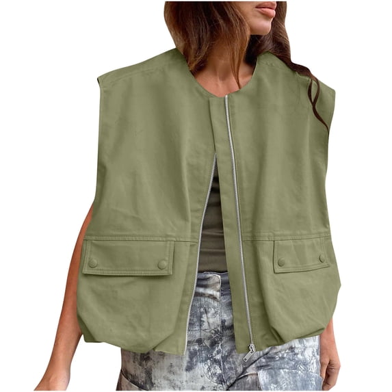 Women's Sleeveless Vest Jacket Zip Up Loose Fit Utility Cargo Pocket Coat Lightweight Casual Streetwear