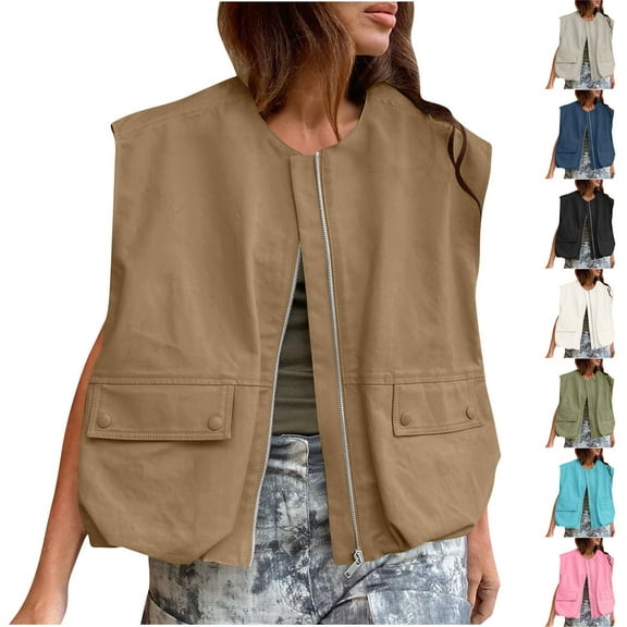 Women's Sleeveless Vest Jacket Zip Up Loose Fit Utility Cargo Pocket Coat Lightweight Casual Streetwear