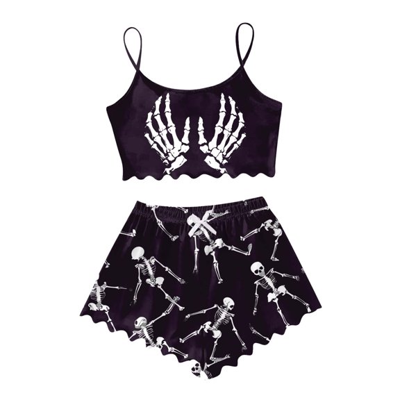 Women's Sleeveless Vest Shorts Pajama Set Halloween Print Comfortable Home Wear Casual Sleepwear for Women