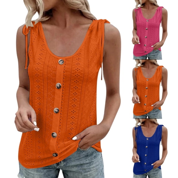 Women's Sleeveless Vest Top, U-Neck Solid Color Button Cardigan with Cutout Jacquard, Casual Layering Staple for Summer, Beach & Daily Outfits-Blue