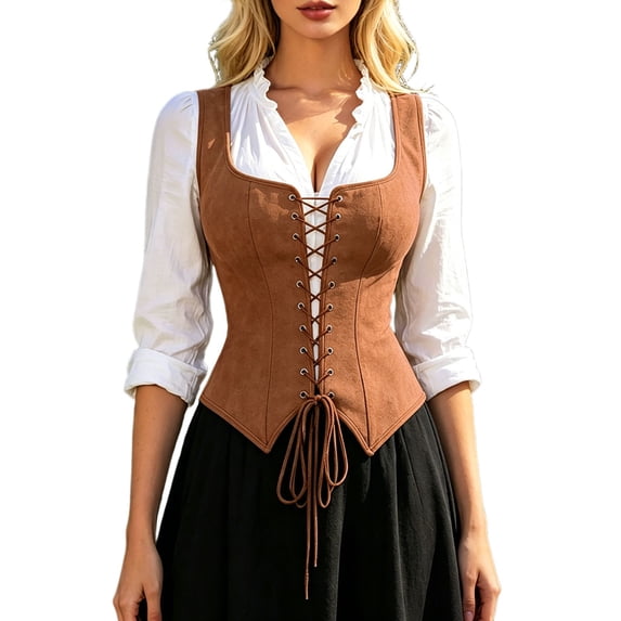 Women's Sleeveless Western Cowgirl Rodeo Outfit Lace Up Vests Tops Renaissance Business Casual Country Concert Costume Outfits