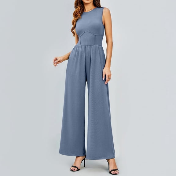 Women's Sleeveless Wide Leg Jumpsuit Ribbed Tank Romper Dressy Summer Outfit Casual Elegant Comfortable Stretchy Fashion