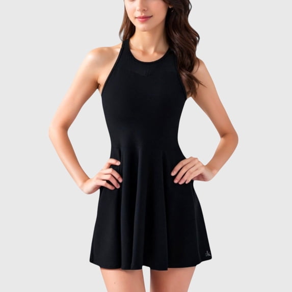 Women's Sleeveless Woven Tennis Dress with Fitted Bodice and Flared Skirt Hem - Large, Black