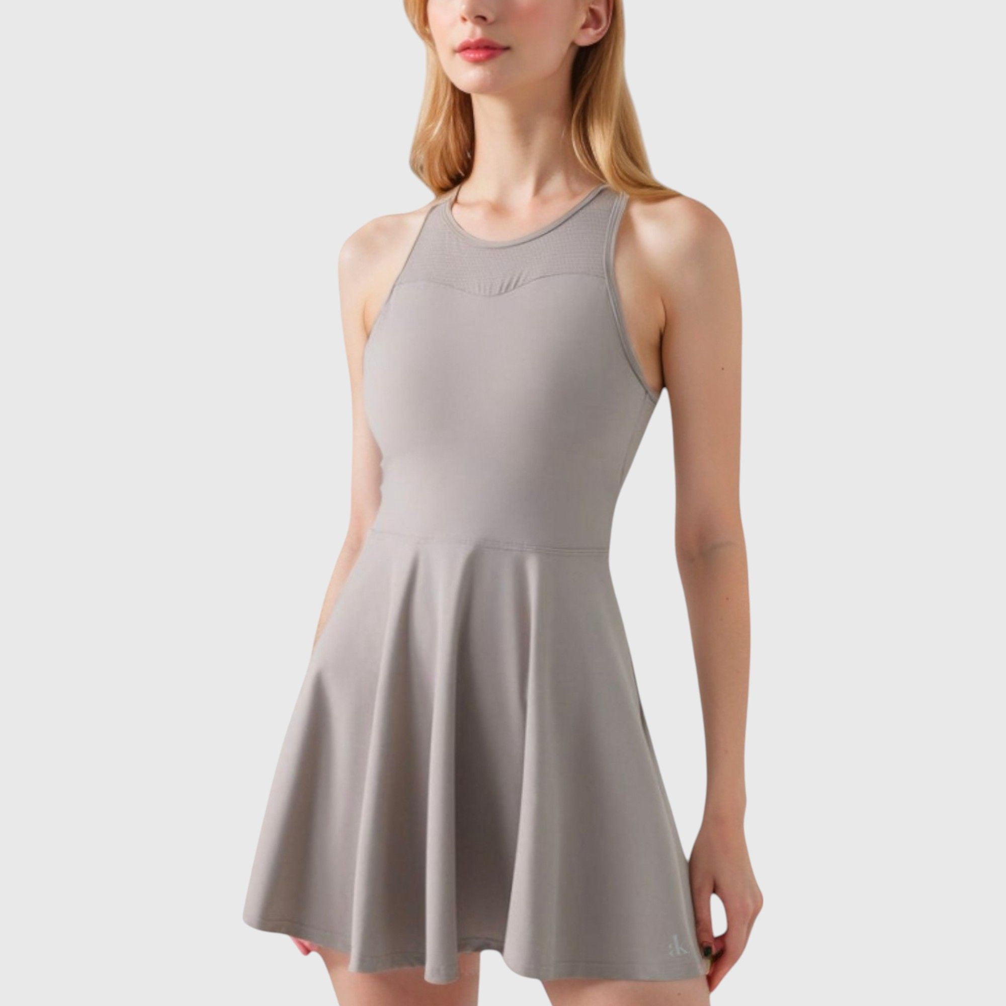 Women's Sleeveless Woven Tennis Dress with Fitted Bodice and Flared Skirt Hem - Small, Khaki