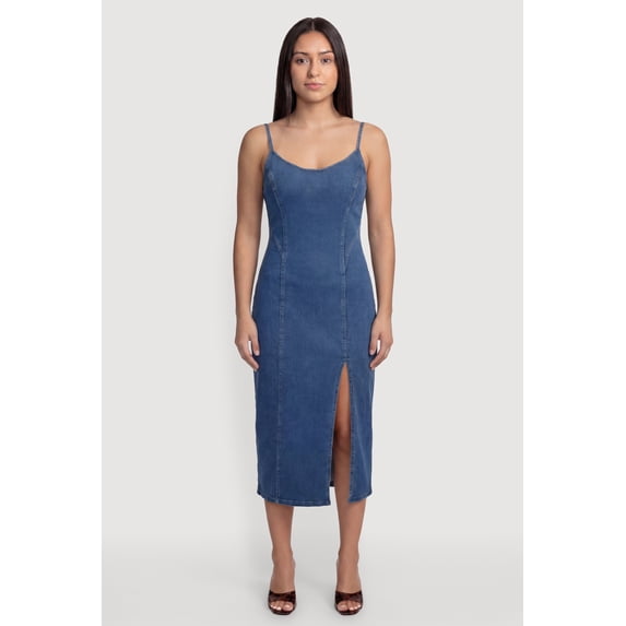 Women's Sleeveless Zip Back Denim Dress with Side Slit