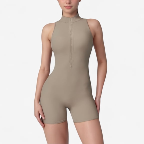 Women's Sleeveless Zip Front Active Romper with High Neck and Fitted Stretch Fabric - Large, Ivory