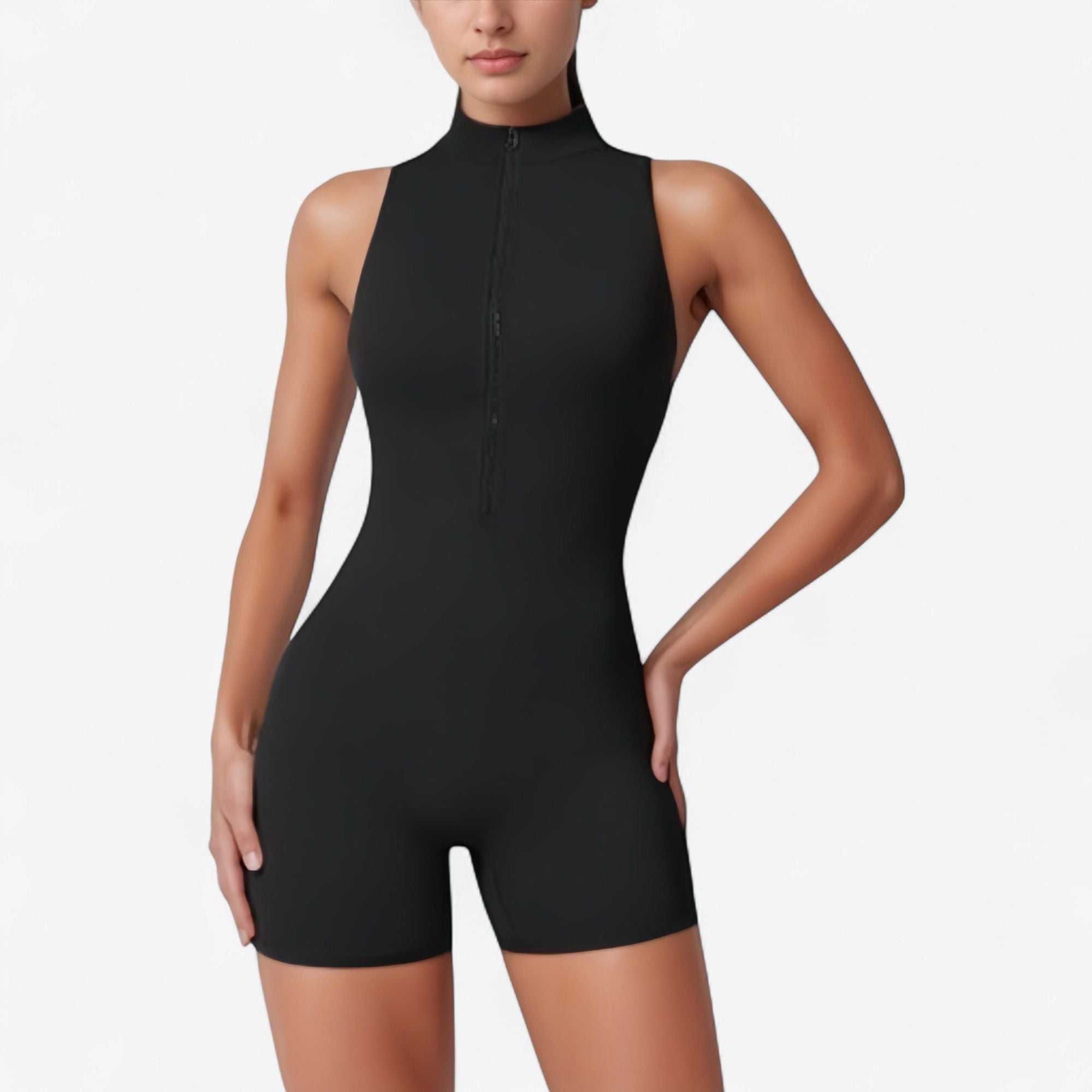 Women's Sleeveless Zip Front Active Romper with High Neck and Fitted ...