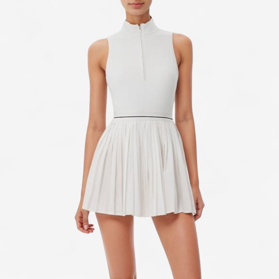 Women's Sleeveless Zip Front High Neck Tennis Dress with Pleated Skirt and Contrast Waist Trim - Medium, White