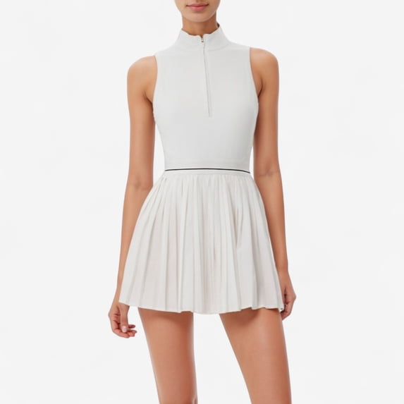 Women's Sleeveless Zip Front High Neck Tennis Dress with Pleated Skirt and Contrast Waist Trim - X Large, White