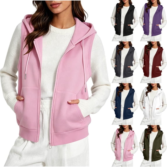 Women's Sleeveless Zip Up Hoodies Vest Plus Size Lightweight Drawstring Waistcoats Loose Fit Jackets Vests
