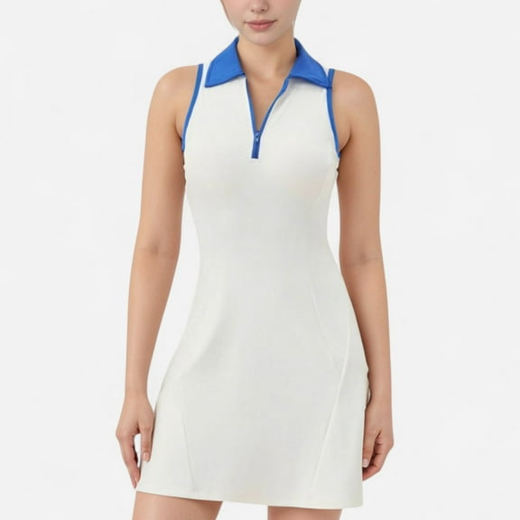 Women's Sleeveless Zip-Up Tennis Dress with Collared Neckline and Flared Hem - Medium, White