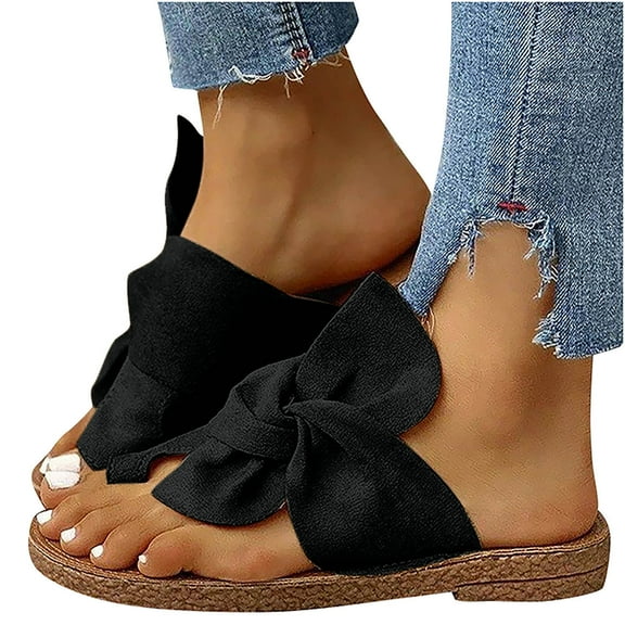 Women’s Slide Sandal - Comfortable & Soft Bowknots Slide Sandals - Simple Synthetic Straps - Open Toe Flat Sandal For Ladies - Great For Indoor & Outdoor Use