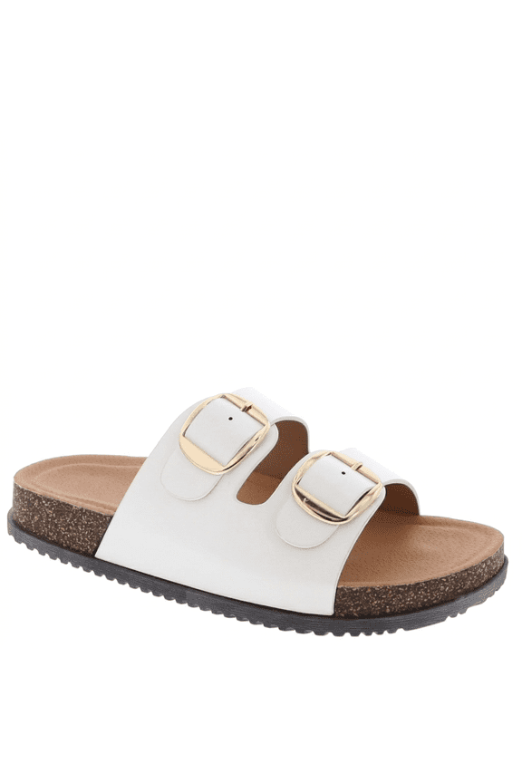Women’s Slide Sandals Double Adjustable Buckle Faux Leather Sandals with Cork Footbed, Cushioned Arch Support, Lightweight Non-Slip Casual Summer Walking Sandals