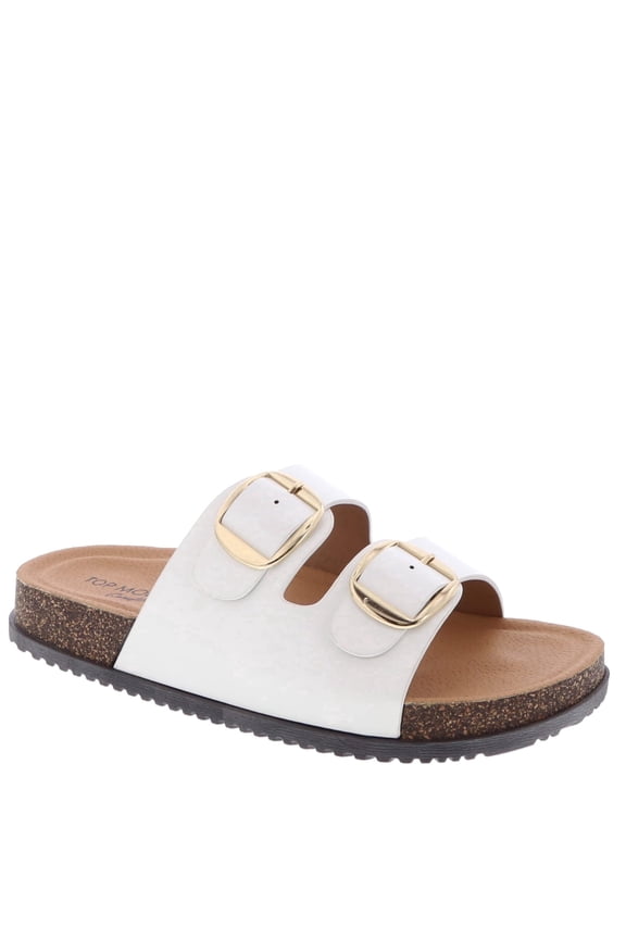 Women’s Slide Sandals Double Adjustable Buckle Faux Leather Sandals with Cork Footbed, Cushioned Arch Support, Lightweight Non-Slip Casual Summer Walking Sandals