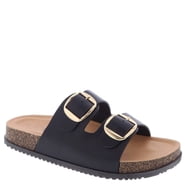 Women’s Slide Sandals Double Adjustable Buckle Faux Leather Sandals with Cork Footbed, Cushioned Arch Support, Lightweight Non-Slip Casual Summer Walking Sandals