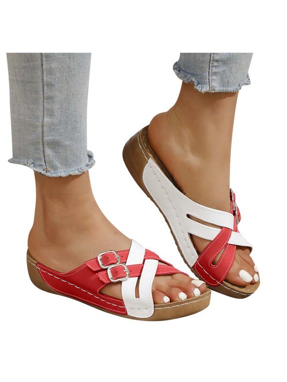 Women's Slide Sandals Fashion Casual Leather Cross Buckle Platform Wedge Slip on Dress Sandals for Women 2025
