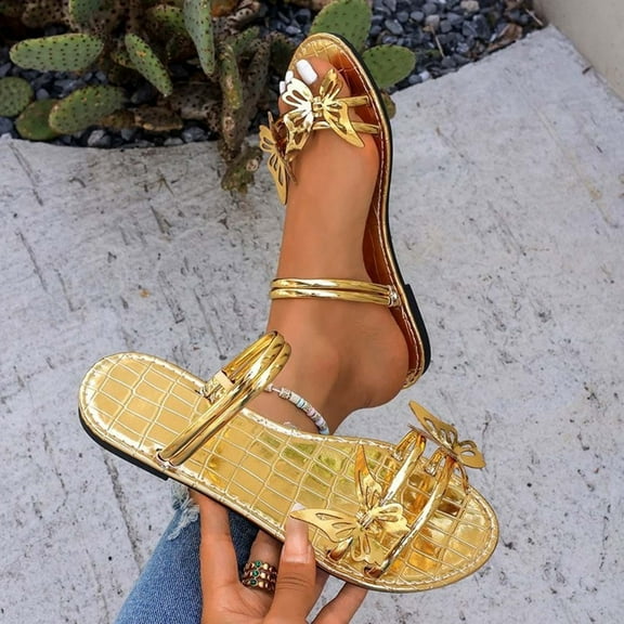 Women's Slide Sandals Flat Toe Ring Thongs with Cross Strap for Summer,Trendy Flat Sandals For Women 2025 Gold 7