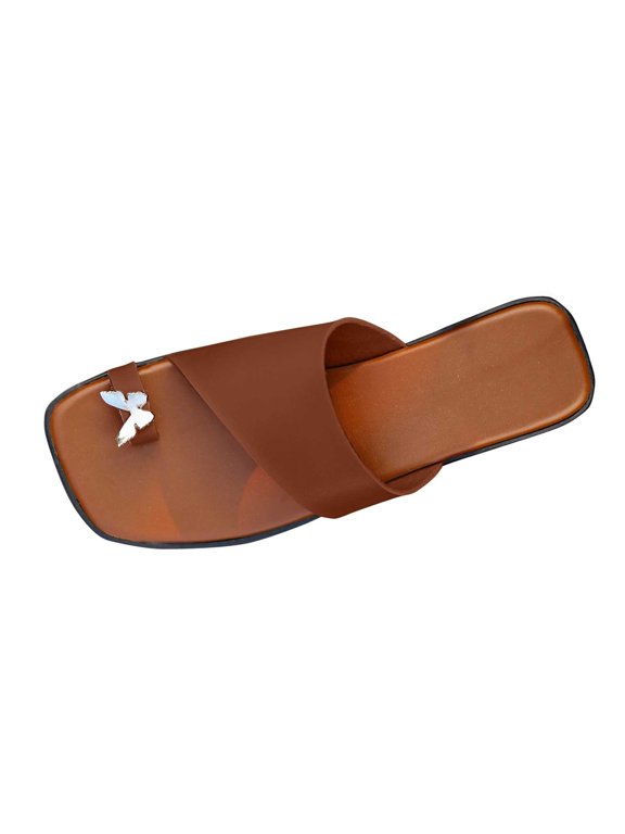Women's Slide Sandals Ring Toe Flat Sandals Slip On Sandals Open Toe Flip Flop Thong Sandals Casual Summer Beach Sandals Brown Women Sandal