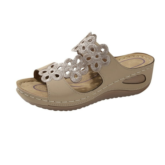 Women's Slide Sandals,Women Arch Support Slides Orthotic Walking Sandals Orthopedic Comfortable Casual Hollow Mesh Flowers Straps Slip-On Low Wedge Beach Breathable Sandal