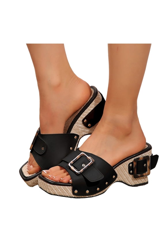 Women’s Slide Wedge Sandals Buckle Strap Casual Platform Sandal Square Toe Espadrilles Backleess Dress Shoes Black Size 9