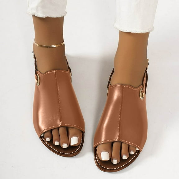 Women's Slides Adjustable Slip on Sandals Fashion Casual Summer Flat Open Toe Buckle Large Size Sandals Metal Buckle One-Line Fish Mouth Beach Sandals