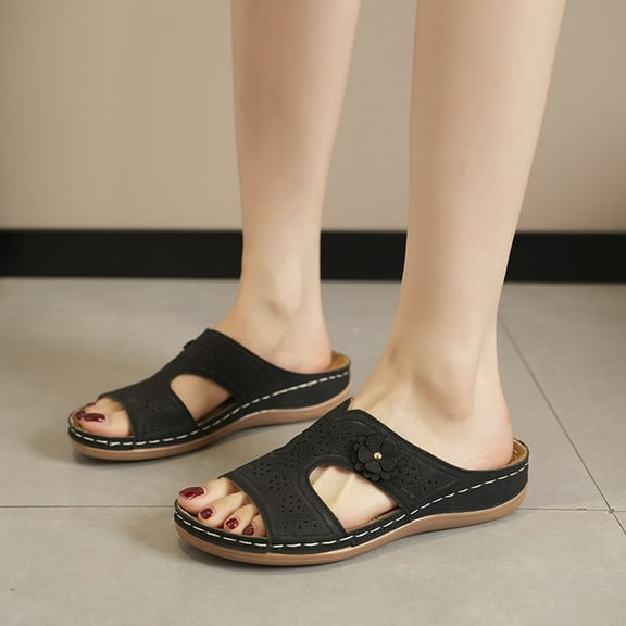 Women's Slides Adjustable Slip on Sandals Fashion Casual Summer Hollow Flower Thick-Soled Slippers One-Line Wedge Heel Beach Sandals