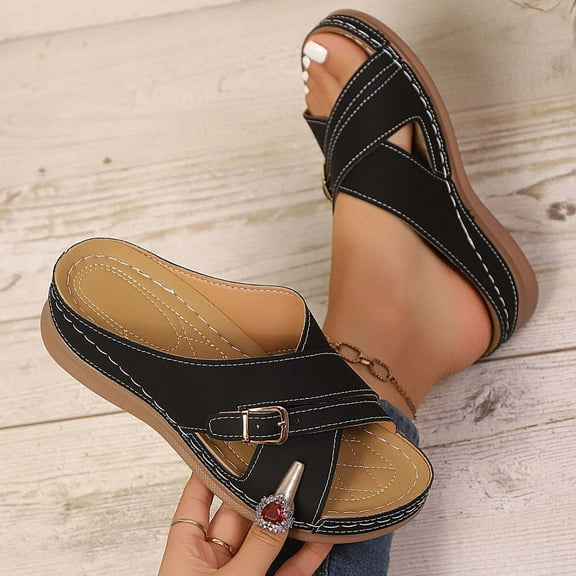 Women's Slides Adjustable Slip on Sandals Fashion Casual Versatile Solid Color Belt Buckle Spring And Summer Style Fashion Wedge Heel Beach Sandals