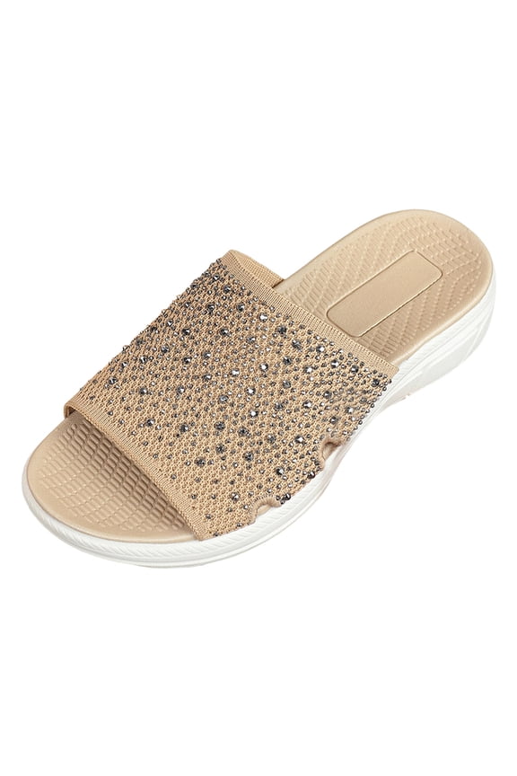 Women's Slides Knitted Mesh Slip on Sandals Glitter Rhinestone Casual Slippers Comfy Arch Support Walking Shoes Brown Size 7.5