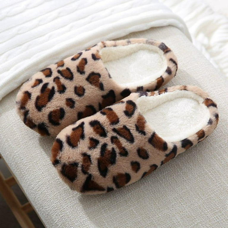 Women's Slient Indoor Slippers Leopard Furry Fleece Comfort Closed Toe  House Shoes Soft Non-Slip Home Shoes