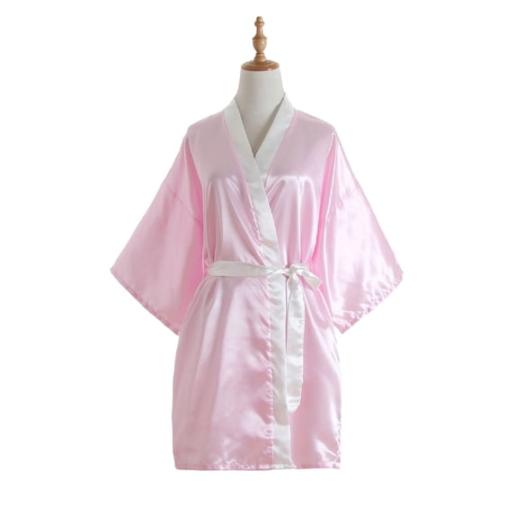 Women's Slik Bathrobe Short Sleeve Belt Cropped Robe Pajamas Pink Free Size