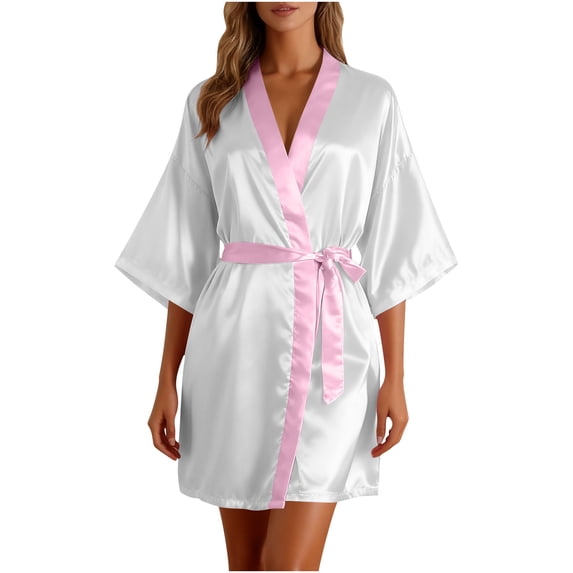 Women's Slik Bathrobe Short Sleeve Belt Cropped Robe Pajamas White Free Size