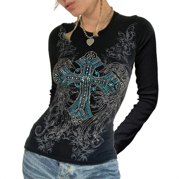 Women’s Slim Blouse Round Neck Long Sleeve Cross Rhinestone Pattern Tops (Black)