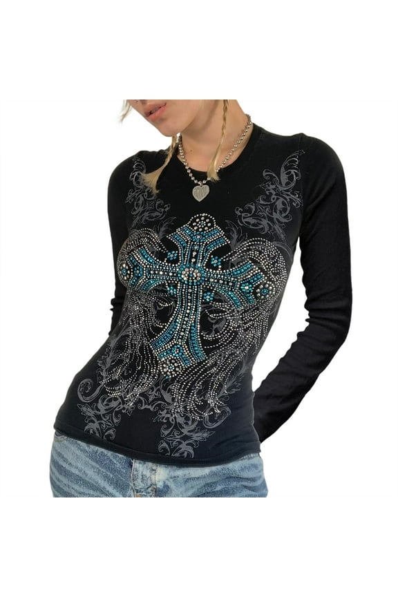 Womens Slim Blouse Round Neck Long Sleeve Cross Rhinestone Pattern Tops (Black)