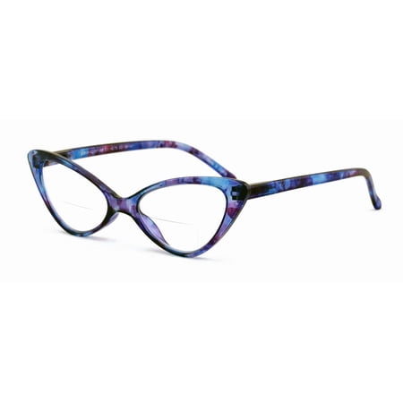 Women's Slim Cateye Clear Bifocal Reading Glasses - Anti-Blue Blocker Readers CR18 +2.00