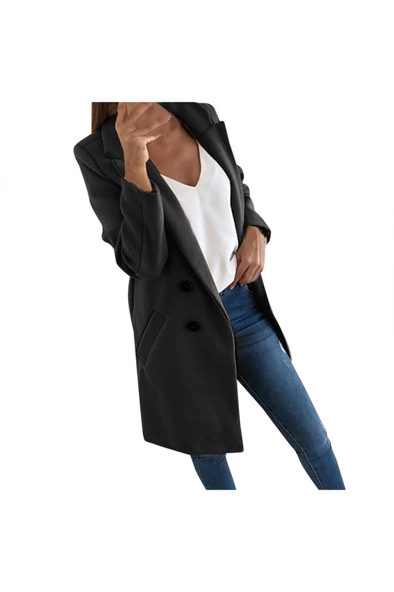 Women's Slim Faux Wool Blend Trench Coat - Lapel Long-Sleeve Elegant Outerwear, Black, XXL