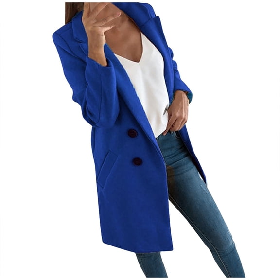 Women's Slim Faux Wool Blend Trench Coat - Lapel Long-Sleeve Elegant Outerwear, Blue, XXXL