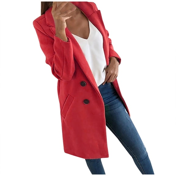 Women's Slim Faux Wool Blend Trench Coat - Lapel Long-Sleeve Elegant Outerwear, Red, XXL