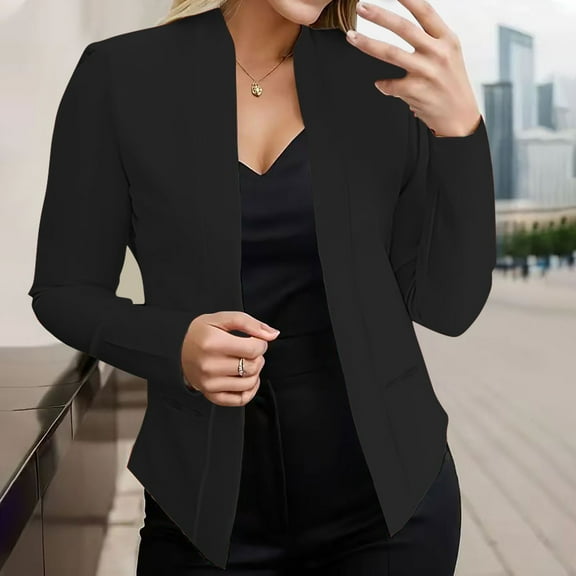Women's Slim Fit Blazer Casual Long Sleeve Lapel Button Slim Work Office Blazer Jacket Black L
