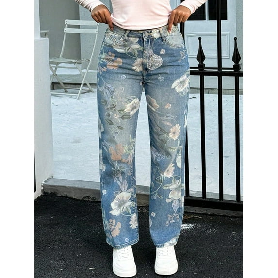 Women's Slim Fit Blue Jeans Non-Stretch High-Waisted Denim Pants With Floral Embroidery Multiple Pockets & Classic Button Closure